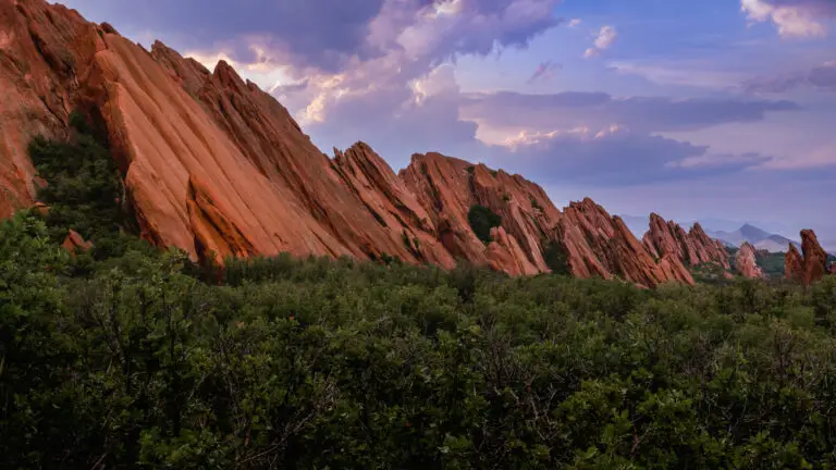 Jagged red rock formations rise above dense green shrubs under a purple sunset sky.