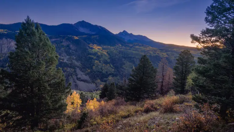 Sunset over a forested valley with distant mountains and a clear blue-to-gold sky in twilight.